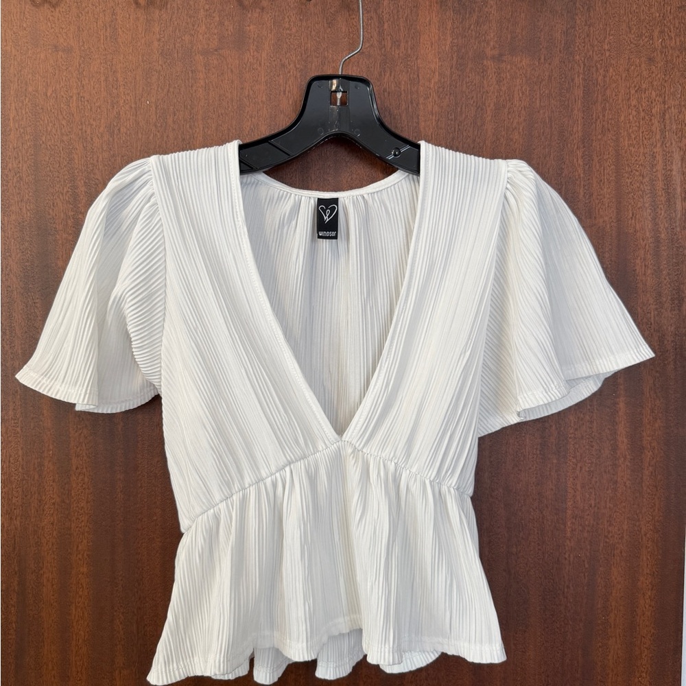 White V-Neck Pleated Women's Top